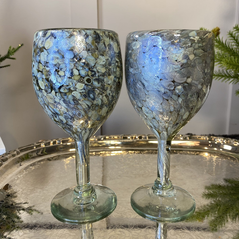 Brand new Hand blown Mexican Iridescent Swirl Wine Glasses Pair Grey